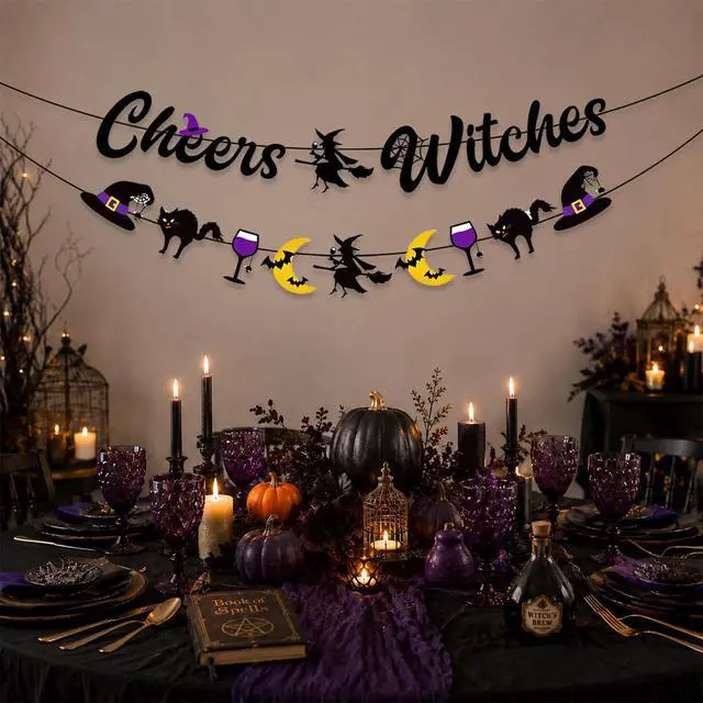 Alt view image 5 of 7 - Cheers Witches Banner Garland, Halloween Decorations for Mantel | Glitter Halloween Banner, Witches Hat Black Cat Moon and Wine Glass Decorations for Witches Party Wall Mantel Fireplace