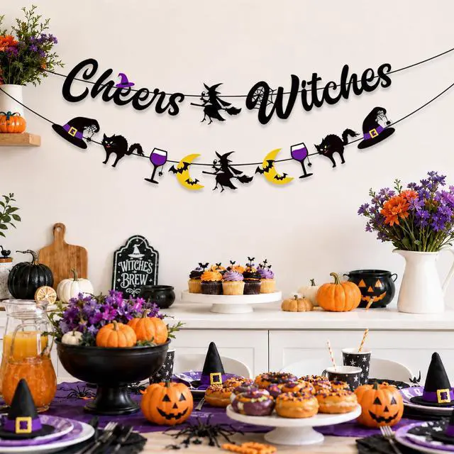Alt view image 6 of 7 - Cheers Witches Banner Garland, Halloween Decorations for Mantel | Glitter Halloween Banner, Witches Hat Black Cat Moon and Wine Glass Decorations for Witches Party Wall Mantel Fireplace