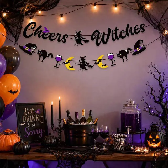 Alt view image 7 of 7 - Cheers Witches Banner Garland, Halloween Decorations for Mantel | Glitter Halloween Banner, Witches Hat Black Cat Moon and Wine Glass Decorations for Witches Party Wall Mantel Fireplace