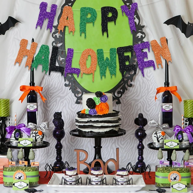 Alt view image 3 of 5 - Happy Halloween Party Banner Orange Black Purple Green Blood Garlands Kids Halloween Haunted House Decoration
