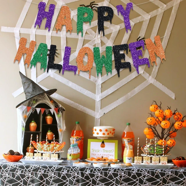 Alt view image 4 of 5 - Happy Halloween Party Banner Orange Black Purple Green Blood Garlands Kids Halloween Haunted House Decoration