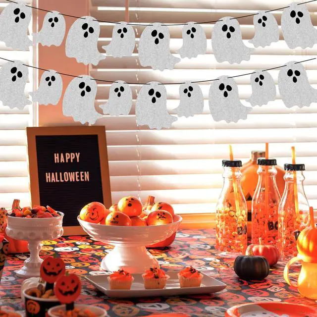 Alt view image 2 of 7 - 2pcs Pre-Strung Halloween Ghost Banners | Ready To Hang Garland, Haunted Houses Doorways, Party Wall Fireplace Decor, Indoor Outdoor, Spooky Atmosphere