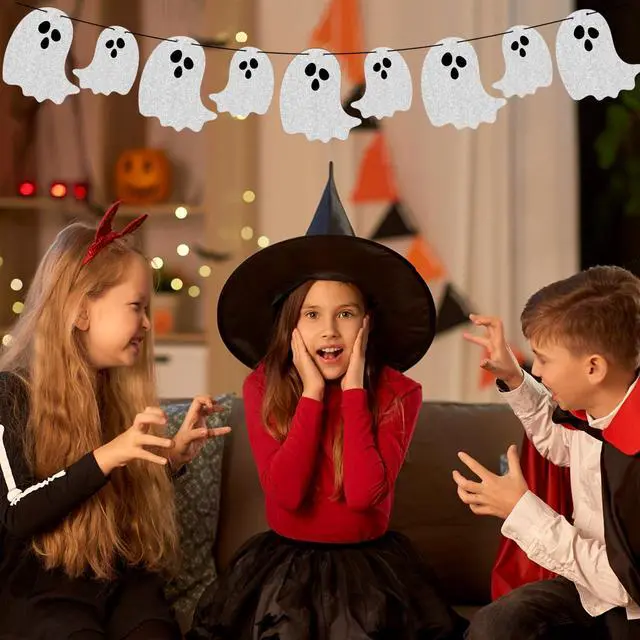 Alt view image 5 of 7 - 2pcs Pre-Strung Halloween Ghost Banners | Ready To Hang Garland, Haunted Houses Doorways, Party Wall Fireplace Decor, Indoor Outdoor, Spooky Atmosphere