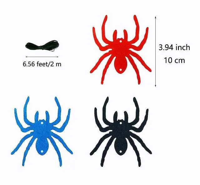 Alt view image 2 of 7 - 8 Pack Felt Red Blue Black Spider Garland Spider Party Decorations | 8 Pack Felt Spider Garlands Red Blue Black Hanging Spider Decorations Bulk for House Home Halloween Themed Party Decorations
