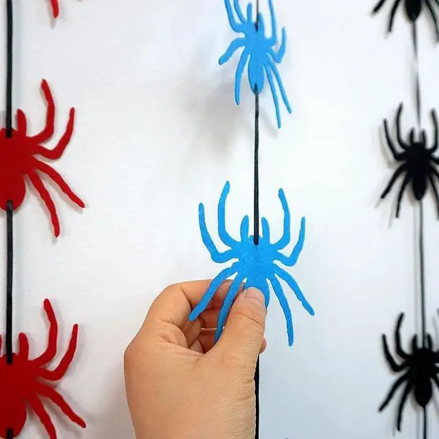 Alt view image 7 of 7 - 8 Pack Felt Red Blue Black Spider Garland Spider Party Decorations | 8 Pack Felt Spider Garlands Red Blue Black Hanging Spider Decorations Bulk for House Home Halloween Themed Party Decorations