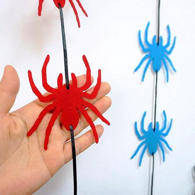 Alt view image 6 of 7 - 8 Pack Felt Red Blue Black Spider Garland Spider Party Decorations | 8 Pack Felt Spider Garlands Red Blue Black Hanging Spider Decorations Bulk for House Home Halloween Themed Party Decorations