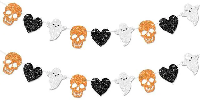 Main image of 2pcs Skull Ghost Garland for Halloween Party Decorations, Black/Silver/Orange Skeleton Garland for Halloween Gothic Birthday Party Decorations, No DIY.