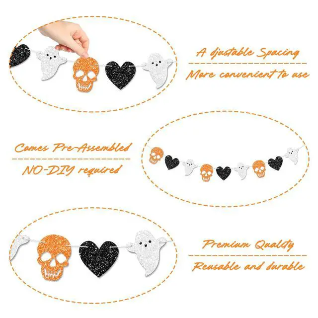 Alt view image 4 of 7 - 2pcs Skull Ghost Garland for Halloween Party Decorations, Black/Silver/Orange Skeleton Garland for Halloween Gothic Birthday Party Decorations, No DIY.
