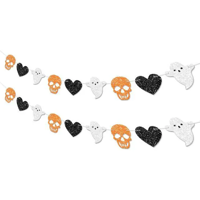 Alt view image 2 of 7 - 2pcs Skull Ghost Garland for Halloween Party Decorations, Black/Silver/Orange Skeleton Garland for Halloween Gothic Birthday Party Decorations, No DIY.