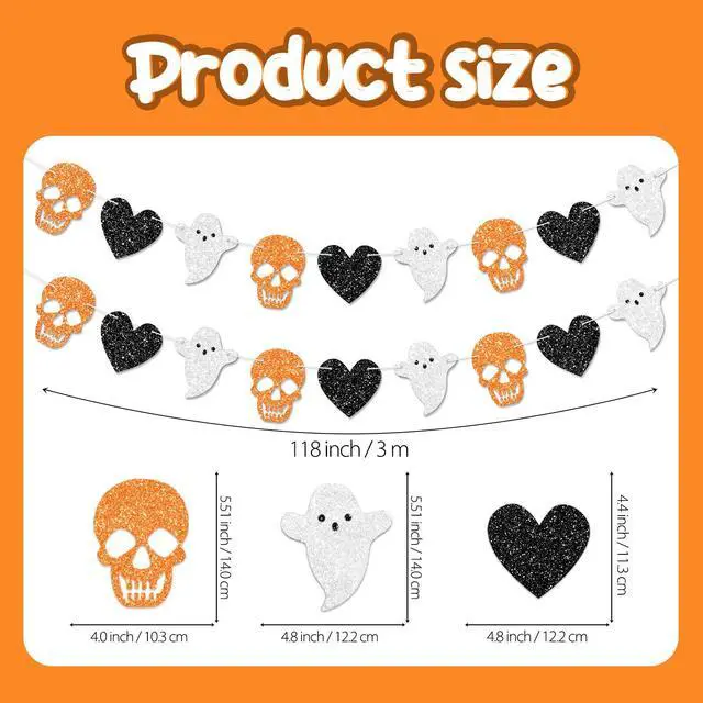 Alt view image 3 of 7 - 2pcs Skull Ghost Garland for Halloween Party Decorations, Black/Silver/Orange Skeleton Garland for Halloween Gothic Birthday Party Decorations, No DIY.