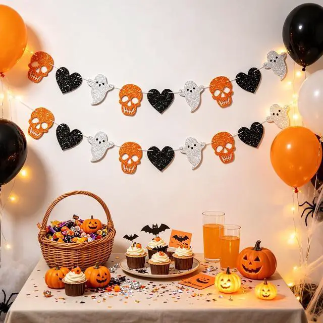 Alt view image 6 of 7 - 2pcs Skull Ghost Garland for Halloween Party Decorations, Black/Silver/Orange Skeleton Garland for Halloween Gothic Birthday Party Decorations, No DIY.