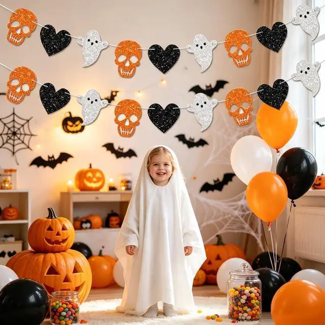 Alt view image 5 of 7 - 2pcs Skull Ghost Garland for Halloween Party Decorations, Black/Silver/Orange Skeleton Garland for Halloween Gothic Birthday Party Decorations, No DIY.