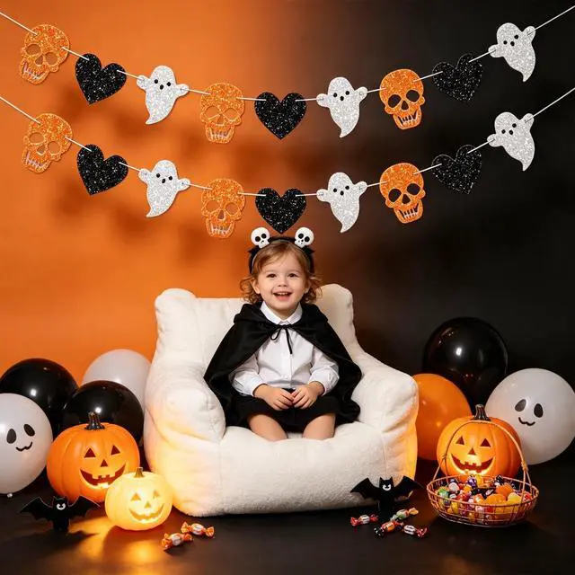 Alt view image 7 of 7 - 2pcs Skull Ghost Garland for Halloween Party Decorations, Black/Silver/Orange Skeleton Garland for Halloween Gothic Birthday Party Decorations, No DIY.