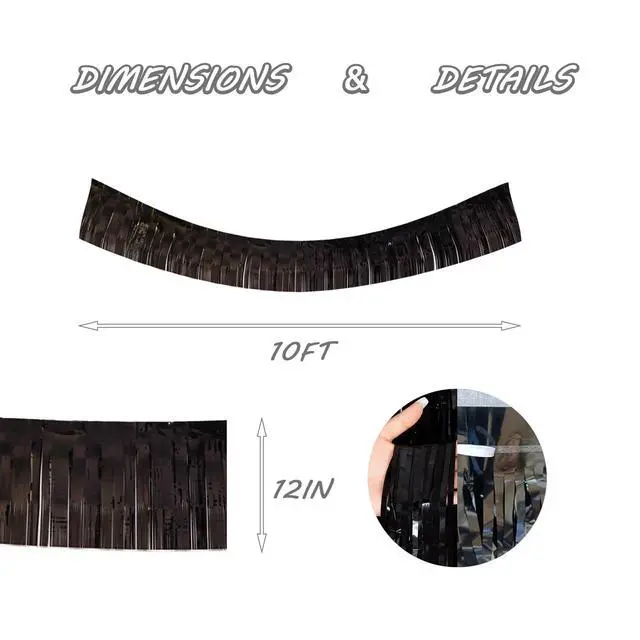 Alt view image 2 of 7 - Black Foil Fringe Garland 10FT 2packs for Parade Float Decorations | Metallic Foil Tinsel Fringe Banners with Adhesive Backing for Wedding Birthday Party Graduation (Two Black)