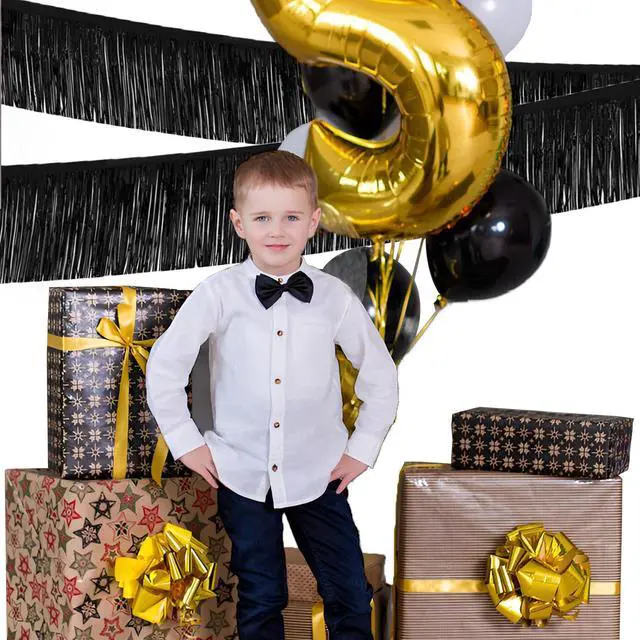 Alt view image 7 of 7 - Black Foil Fringe Garland 10FT 2packs for Parade Float Decorations | Metallic Foil Tinsel Fringe Banners with Adhesive Backing for Wedding Birthday Party Graduation (Two Black)