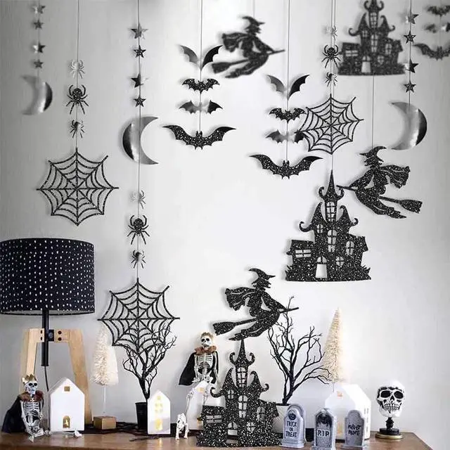 Alt view image 2 of 7 - Clearance Witch Decorations Gothic Hanging Banner Indoor Garland Glitter Black Decor Moon Star Glitter Garland Decoration Haunted House Witchcraft Decor Birthday Halloween Party Supplies