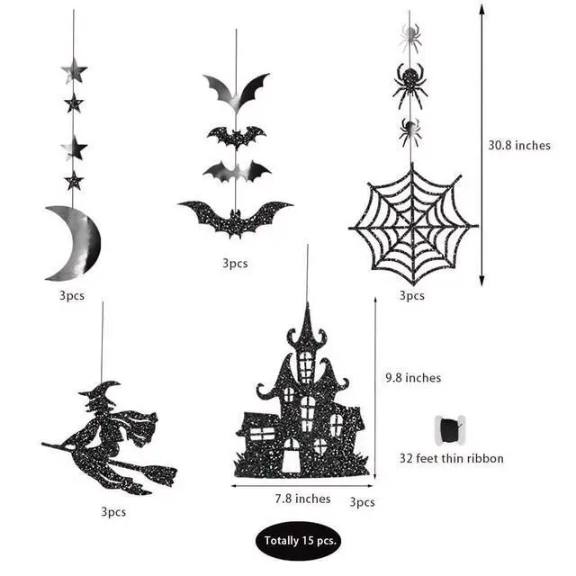 Alt view image 3 of 7 - Clearance Witch Decorations Gothic Hanging Banner Indoor Garland Glitter Black Decor Moon Star Glitter Garland Decoration Haunted House Witchcraft Decor Birthday Halloween Party Supplies