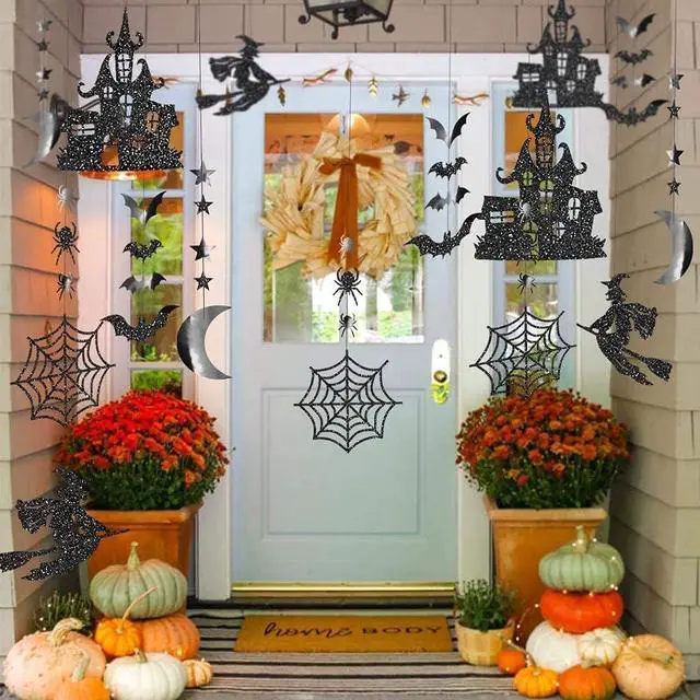 Alt view image 4 of 7 - Clearance Witch Decorations Gothic Hanging Banner Indoor Garland Glitter Black Decor Moon Star Glitter Garland Decoration Haunted House Witchcraft Decor Birthday Halloween Party Supplies