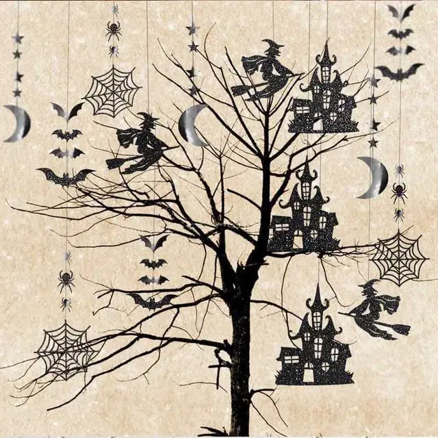 Alt view image 5 of 7 - Clearance Witch Decorations Gothic Hanging Banner Indoor Garland Glitter Black Decor Moon Star Glitter Garland Decoration Haunted House Witchcraft Decor Birthday Halloween Party Supplies