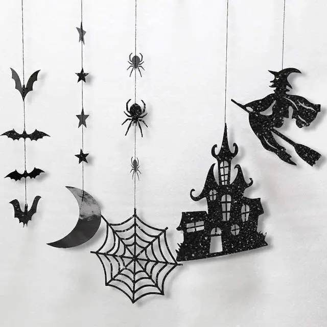 Alt view image 6 of 7 - Clearance Witch Decorations Gothic Hanging Banner Indoor Garland Glitter Black Decor Moon Star Glitter Garland Decoration Haunted House Witchcraft Decor Birthday Halloween Party Supplies