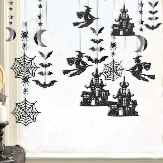 Alt view image 7 of 7 - Clearance Witch Decorations Gothic Hanging Banner Indoor Garland Glitter Black Decor Moon Star Glitter Garland Decoration Haunted House Witchcraft Decor Birthday Halloween Party Supplies