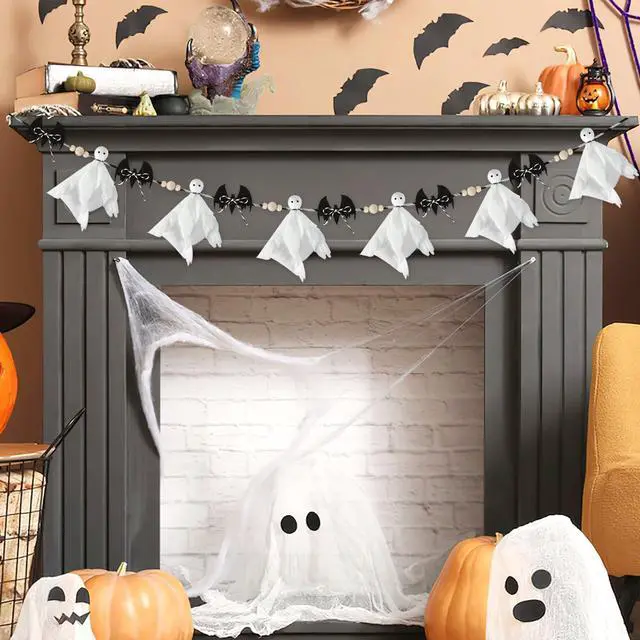 Main image of 7 Ft Pre-Strung Halloween Ghost Bat Garland, Cute Fabric Ghost Banner with Wooden Beads Rustic Halloween Garlands for Wall Home Office Fireplace Farmhouse Doorway Decorations Supplies