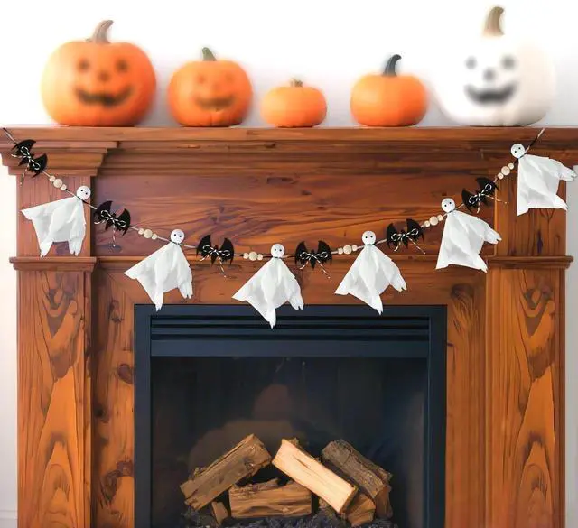 Alt view image 4 of 7 - 7 Ft Pre-Strung Halloween Ghost Bat Garland, Cute Fabric Ghost Banner with Wooden Beads Rustic Halloween Garlands for Wall Home Office Fireplace Farmhouse Doorway Decorations Supplies