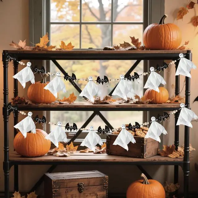 Alt view image 5 of 7 - 7 Ft Pre-Strung Halloween Ghost Bat Garland, Cute Fabric Ghost Banner with Wooden Beads Rustic Halloween Garlands for Wall Home Office Fireplace Farmhouse Doorway Decorations Supplies
