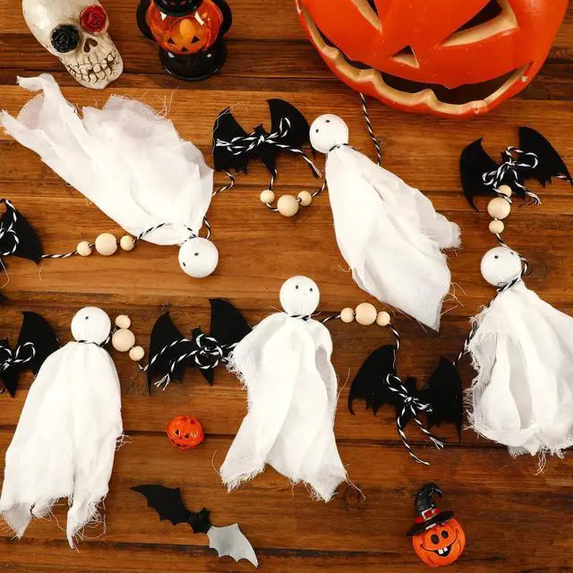 Alt view image 2 of 7 - 7 Ft Pre-Strung Halloween Ghost Bat Garland, Cute Fabric Ghost Banner with Wooden Beads Rustic Halloween Garlands for Wall Home Office Fireplace Farmhouse Doorway Decorations Supplies