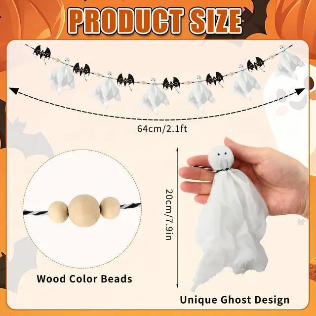 Alt view image 3 of 7 - 7 Ft Pre-Strung Halloween Ghost Bat Garland, Cute Fabric Ghost Banner with Wooden Beads Rustic Halloween Garlands for Wall Home Office Fireplace Farmhouse Doorway Decorations Supplies