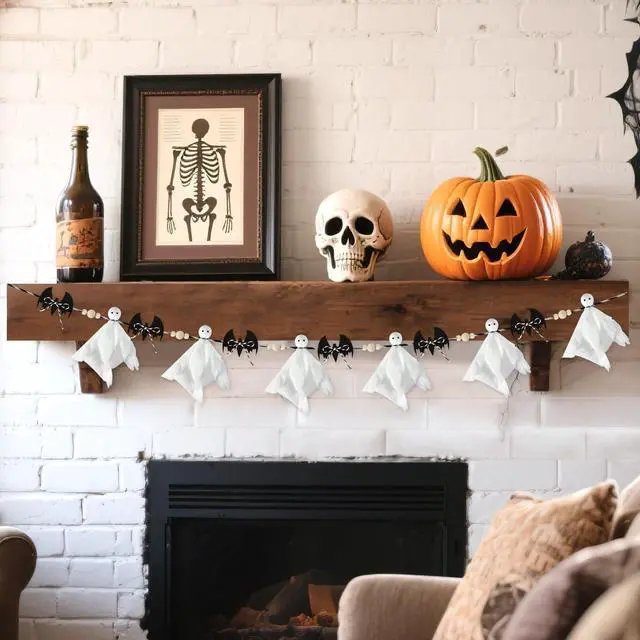 Alt view image 6 of 7 - 7 Ft Pre-Strung Halloween Ghost Bat Garland, Cute Fabric Ghost Banner with Wooden Beads Rustic Halloween Garlands for Wall Home Office Fireplace Farmhouse Doorway Decorations Supplies