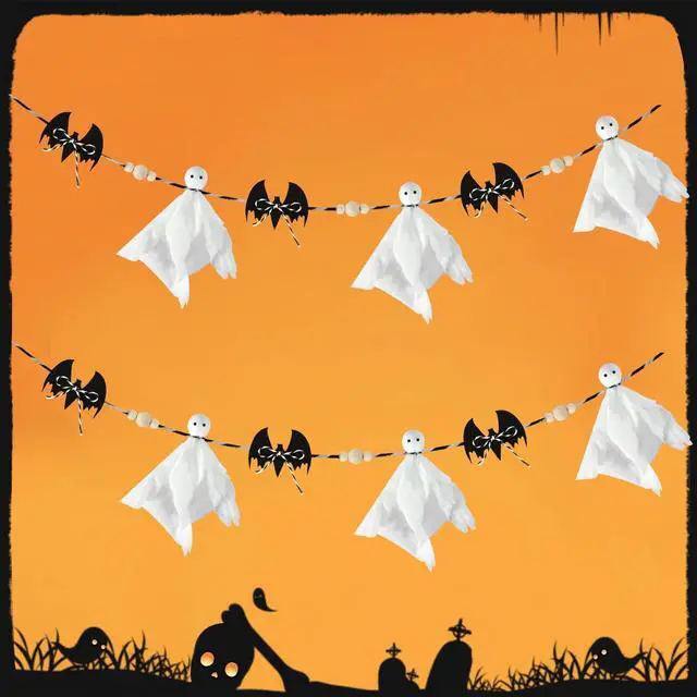 Alt view image 7 of 7 - 7 Ft Pre-Strung Halloween Ghost Bat Garland, Cute Fabric Ghost Banner with Wooden Beads Rustic Halloween Garlands for Wall Home Office Fireplace Farmhouse Doorway Decorations Supplies