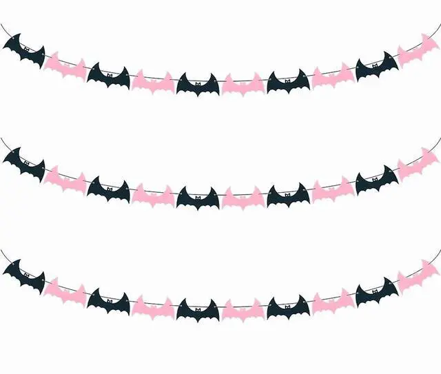 Main image of 3 Pack Black Pink Bat Garland Felt Banner Hanging Bats for Fireplace Haunted House Halloween Themed Party Decorations