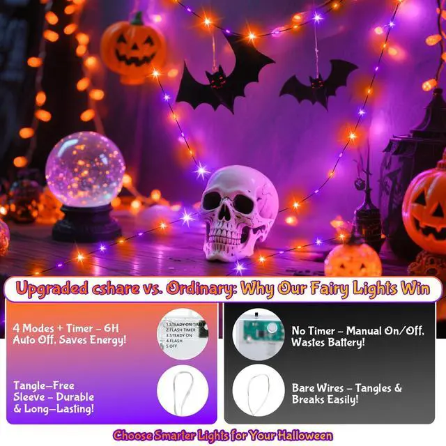 Alt view image 3 of 7 - Orange and Purple Fairy Lights Battry Operated with Timer, Halloween String Lights for Outside 16.4ft 50LED Indoor Outdoor Halloween Decorations Garland Party Patio Garden Yard 2 Packs