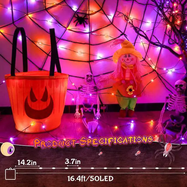 Alt view image 5 of 7 - Orange and Purple Fairy Lights Battry Operated with Timer, Halloween String Lights for Outside 16.4ft 50LED Indoor Outdoor Halloween Decorations Garland Party Patio Garden Yard 2 Packs