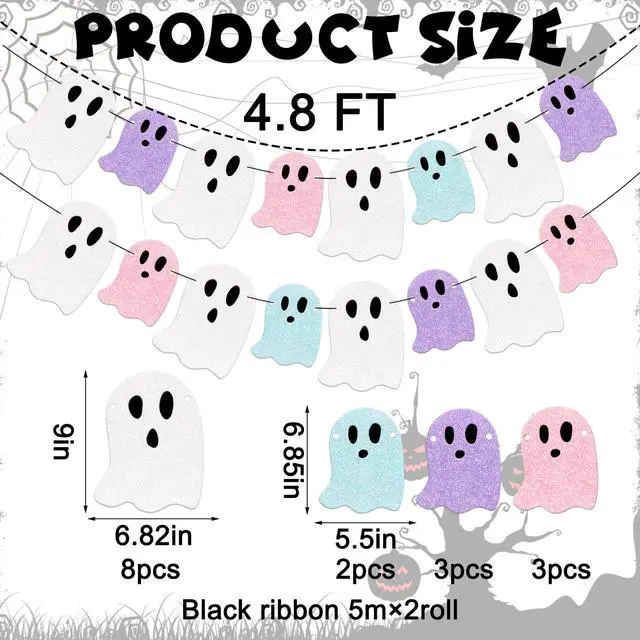 Alt view image 2 of 7 - Pastel Halloween Decorations Glitter Ghost Boo Summerween Banner DIY Required Cute Pastelween Garland Hanging Ornament for Photo Booth Spooky Holiday Classroom Baby Shower Birthday Decor