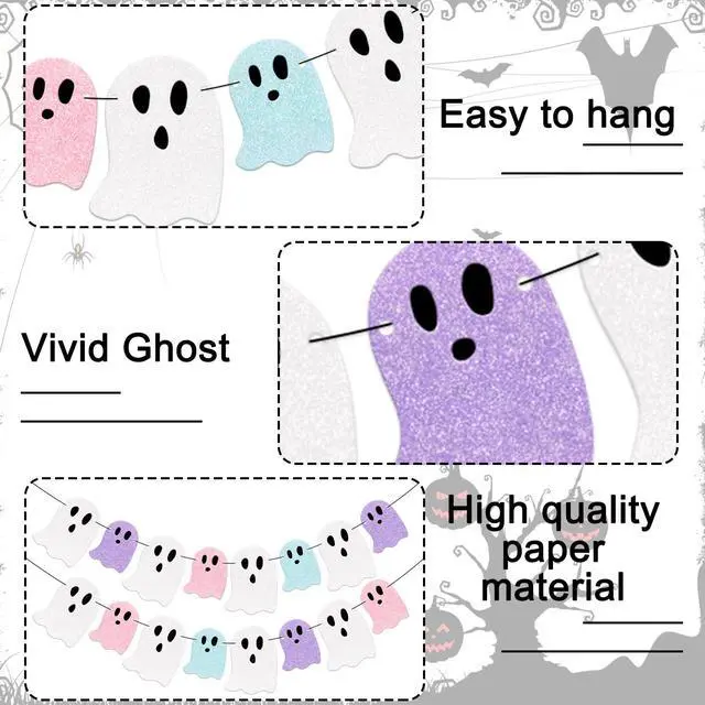 Alt view image 3 of 7 - Pastel Halloween Decorations Glitter Ghost Boo Summerween Banner DIY Required Cute Pastelween Garland Hanging Ornament for Photo Booth Spooky Holiday Classroom Baby Shower Birthday Decor