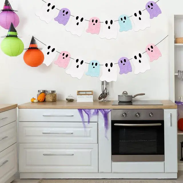 Alt view image 5 of 7 - Pastel Halloween Decorations Glitter Ghost Boo Summerween Banner DIY Required Cute Pastelween Garland Hanging Ornament for Photo Booth Spooky Holiday Classroom Baby Shower Birthday Decor