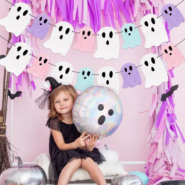 Alt view image 4 of 7 - Pastel Halloween Decorations Glitter Ghost Boo Summerween Banner DIY Required Cute Pastelween Garland Hanging Ornament for Photo Booth Spooky Holiday Classroom Baby Shower Birthday Decor