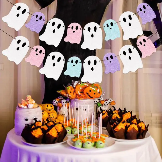 Alt view image 6 of 7 - Pastel Halloween Decorations Glitter Ghost Boo Summerween Banner DIY Required Cute Pastelween Garland Hanging Ornament for Photo Booth Spooky Holiday Classroom Baby Shower Birthday Decor