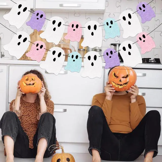 Alt view image 7 of 7 - Pastel Halloween Decorations Glitter Ghost Boo Summerween Banner DIY Required Cute Pastelween Garland Hanging Ornament for Photo Booth Spooky Holiday Classroom Baby Shower Birthday Decor