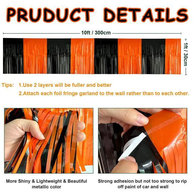 Alt view image 2 of 7 - 2 Pack 10 Feet Black Orange Halloween Parade Float Decorations for Trailer Car, Foil Fringe Tinsel Streamers Banner Garland for Halloween Graduation Homecoming Party Decoration (Black Orange)