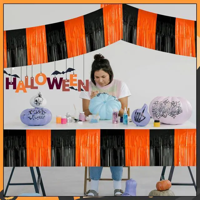 Alt view image 6 of 7 - 2 Pack 10 Feet Black Orange Halloween Parade Float Decorations for Trailer Car, Foil Fringe Tinsel Streamers Banner Garland for Halloween Graduation Homecoming Party Decoration (Black Orange)