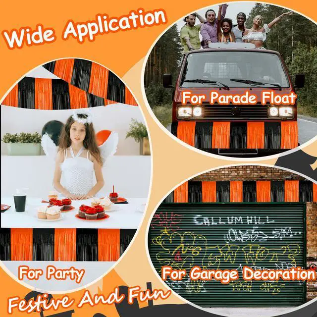 Alt view image 7 of 7 - 2 Pack 10 Feet Black Orange Halloween Parade Float Decorations for Trailer Car, Foil Fringe Tinsel Streamers Banner Garland for Halloween Graduation Homecoming Party Decoration (Black Orange)