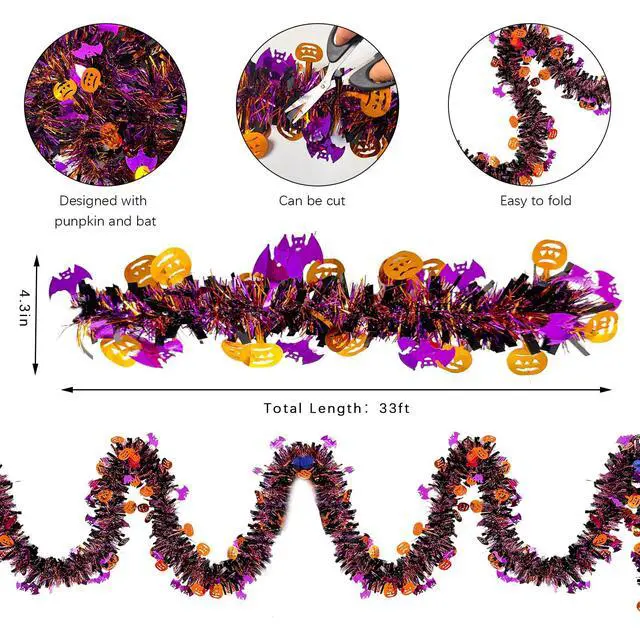 Alt view image 2 of 7 - JXITON 33FT Halloween Tinsel Garland Pumpkin Bat Metallic Hanging Twisted Garland for Halloween Party Home Decoration,Orange and Black