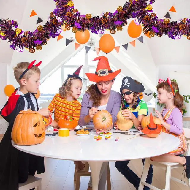 Alt view image 3 of 7 - JXITON 33FT Halloween Tinsel Garland Pumpkin Bat Metallic Hanging Twisted Garland for Halloween Party Home Decoration,Orange and Black