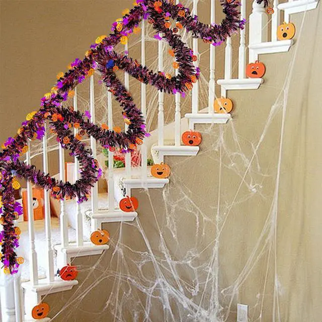 Alt view image 4 of 7 - JXITON 33FT Halloween Tinsel Garland Pumpkin Bat Metallic Hanging Twisted Garland for Halloween Party Home Decoration,Orange and Black
