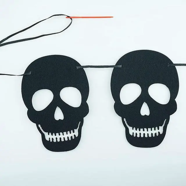 Alt view image 5 of 6 - 2 Pack Black Felt Skull Garland Banner Skeleton Garland Halloween Banne for Gothic Birthday Party Decorations DIY Home Decor