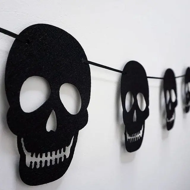 Alt view image 6 of 6 - 2 Pack Black Felt Skull Garland Banner Skeleton Garland Halloween Banne for Gothic Birthday Party Decorations DIY Home Decor