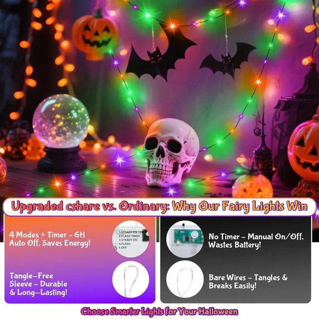 Alt view image 3 of 7 - Orange Purple Green Fairy Lights Battry Operated with Timer, Halloween String Lights for Outside 16.4ft 50LED Indoor Outdoor Halloween Decorations Garland Party Patio Garden Yard 2 Packs